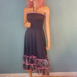 70s Vintage Halter Tube Smocked Disco Dress Full Ruffled Skirt Black/Pink Med